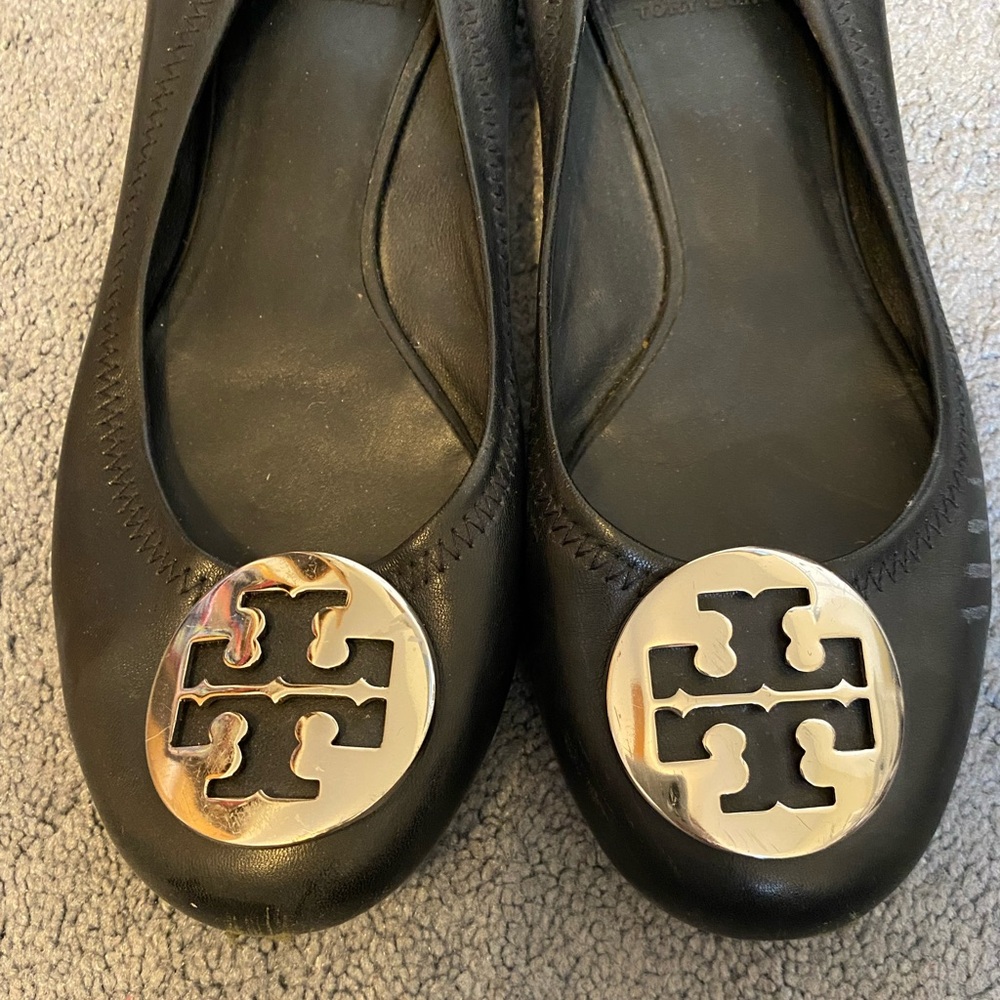 Tory Burch Black Flats with Silver Logo